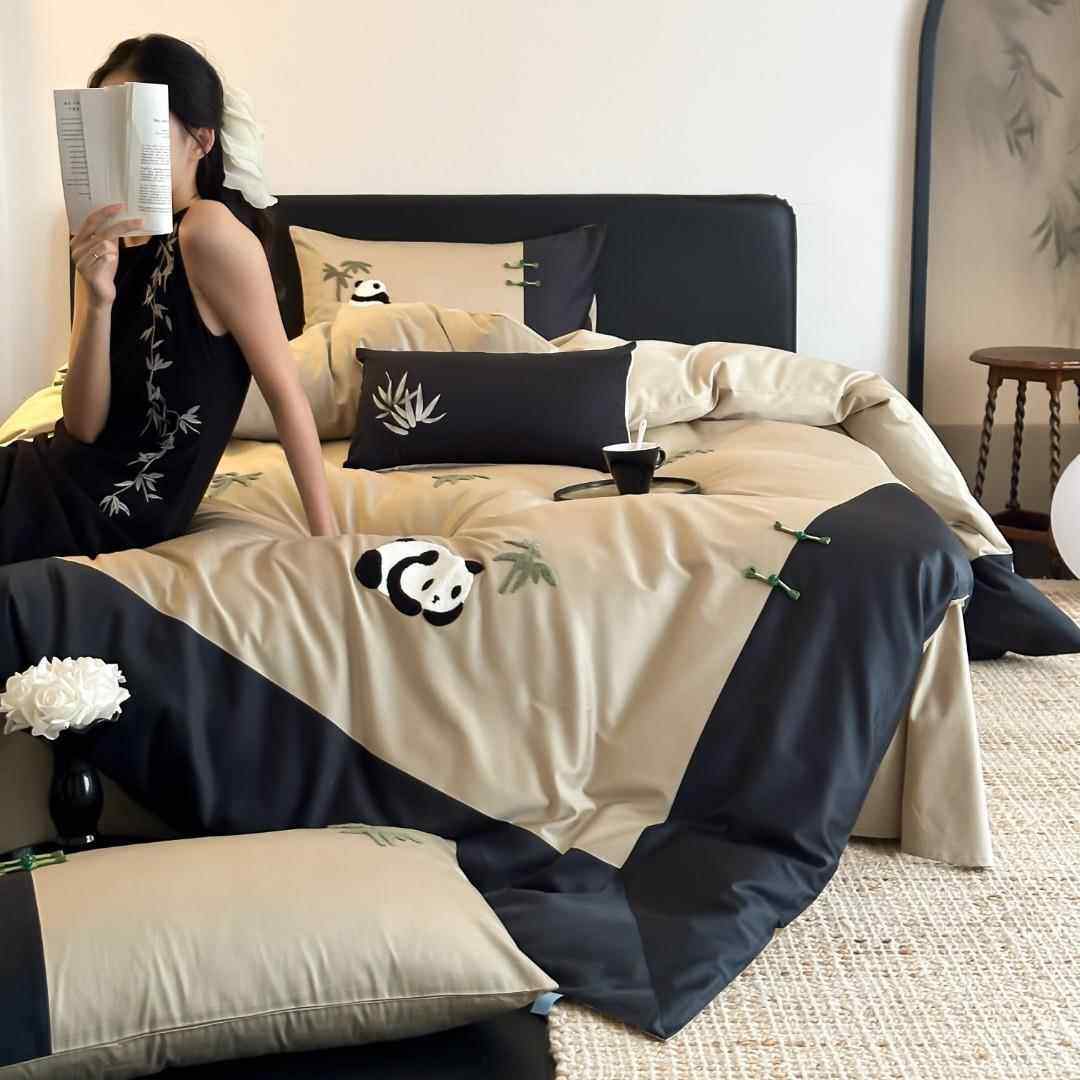 A类新中式长绒棉四件套全棉绣花时尚拼角被套简约纯棉床品