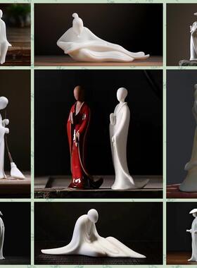 陶瓷人物摆件 白瓷无相小生伯牙抚琴忘尘 禅意家居装饰品摆件茶宠