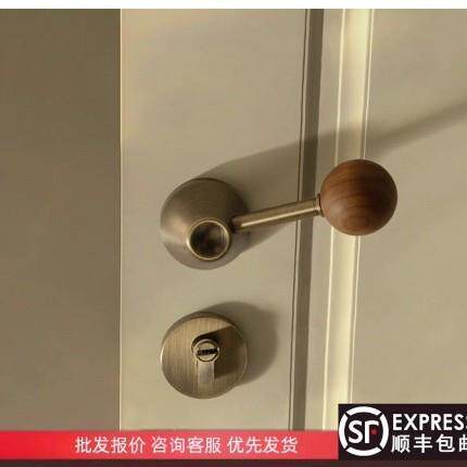 中古风卧室门锁家用木门胡桃木房门锁磁吸静音室内房间复古门把手