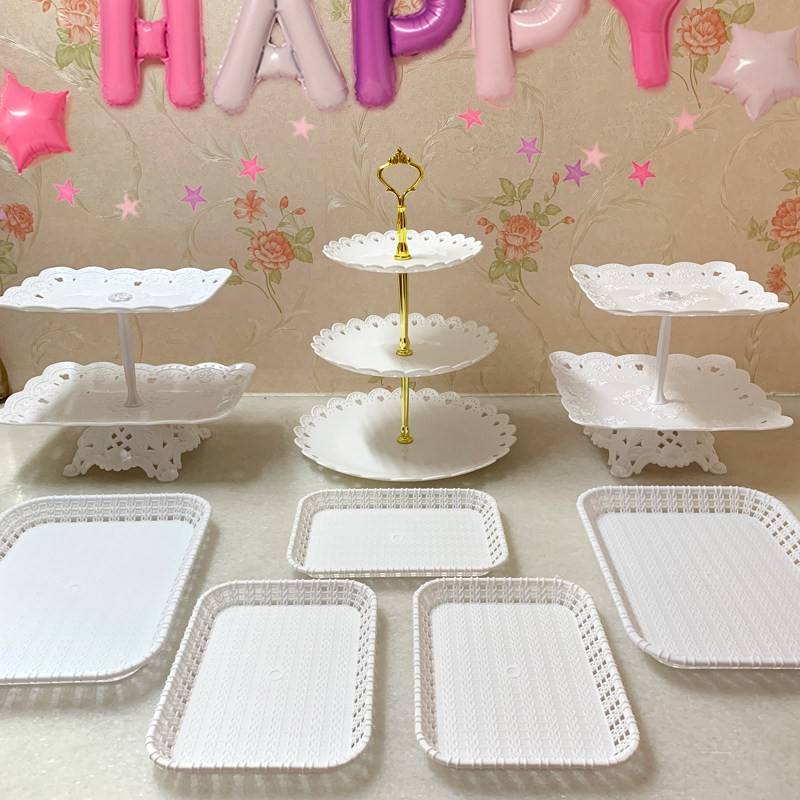 生日装饰摆件甜品台展示架欧式零食茶歇摆台塑料蛋糕点心托盘架子
