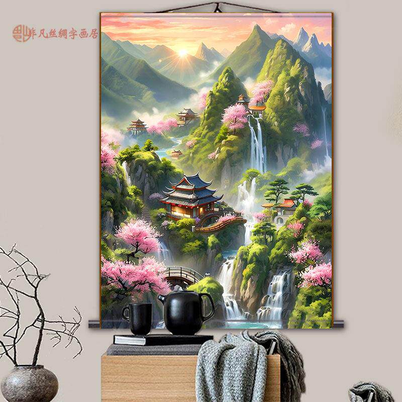 仙家堂口山水画仙堂背景挂画东北堂屋风水画小桥流水无活物供奉画