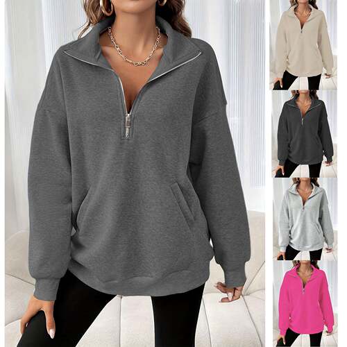 Plus Size Women's Zipper Solid Color Pullover Sweatshirt