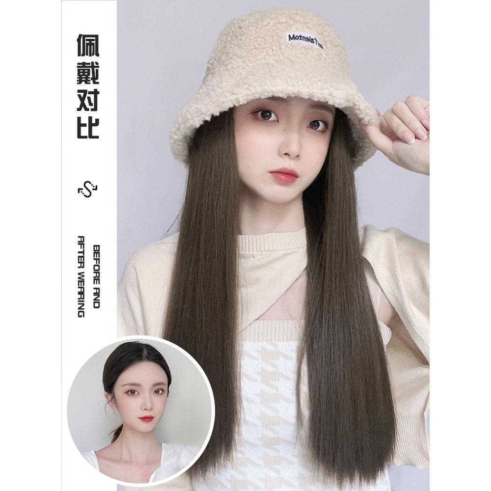新款直销网红帽子假发女长发秋冬季羊羔毛渔夫帽长直发韩版时尚一