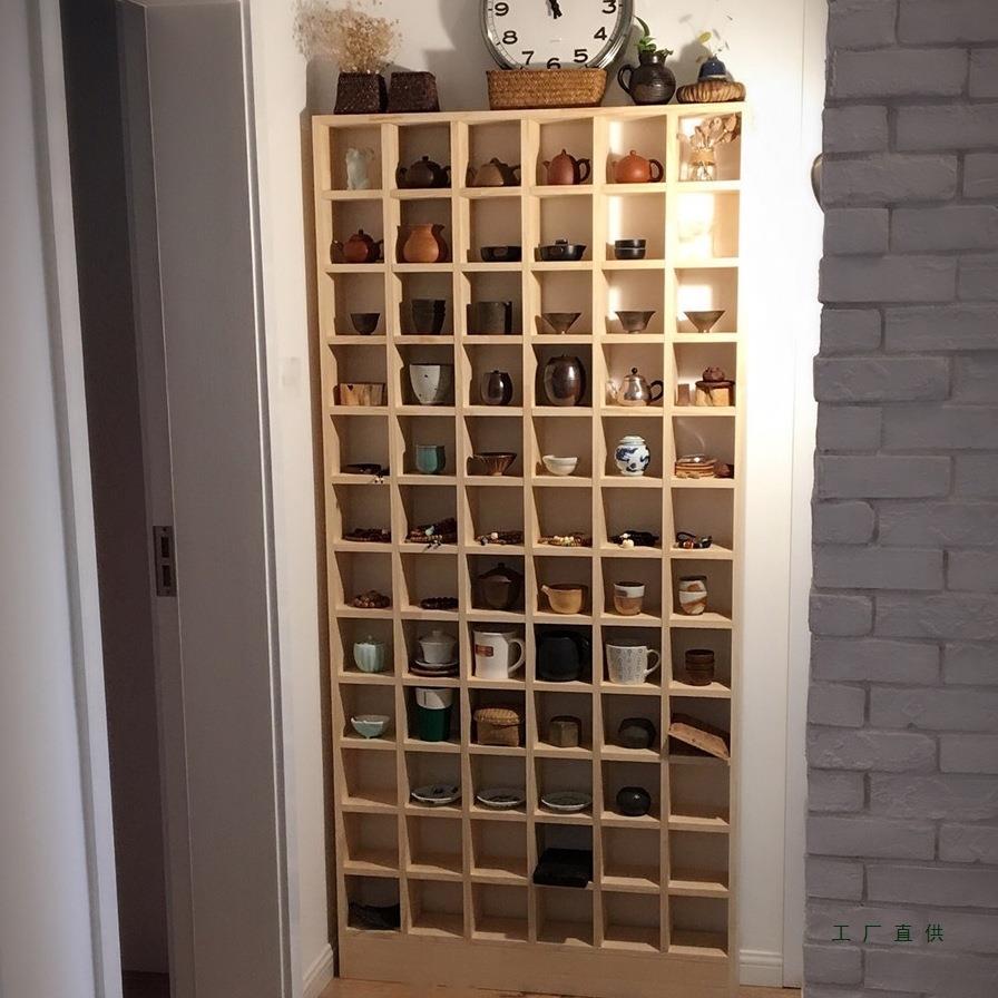 定制实木格子架墙上置物架壁挂收纳柜茶壶展示架小饰品创意格子