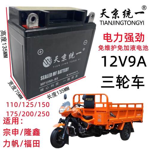 12V9ah机车电瓶宗申150福田175隆鑫200三轮车太子刀仔125干 干电