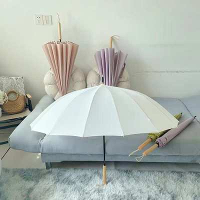 小清新16骨雨伞木手柄直柄伞彩虹伞日系长柄大号双人晴雨伞两用
