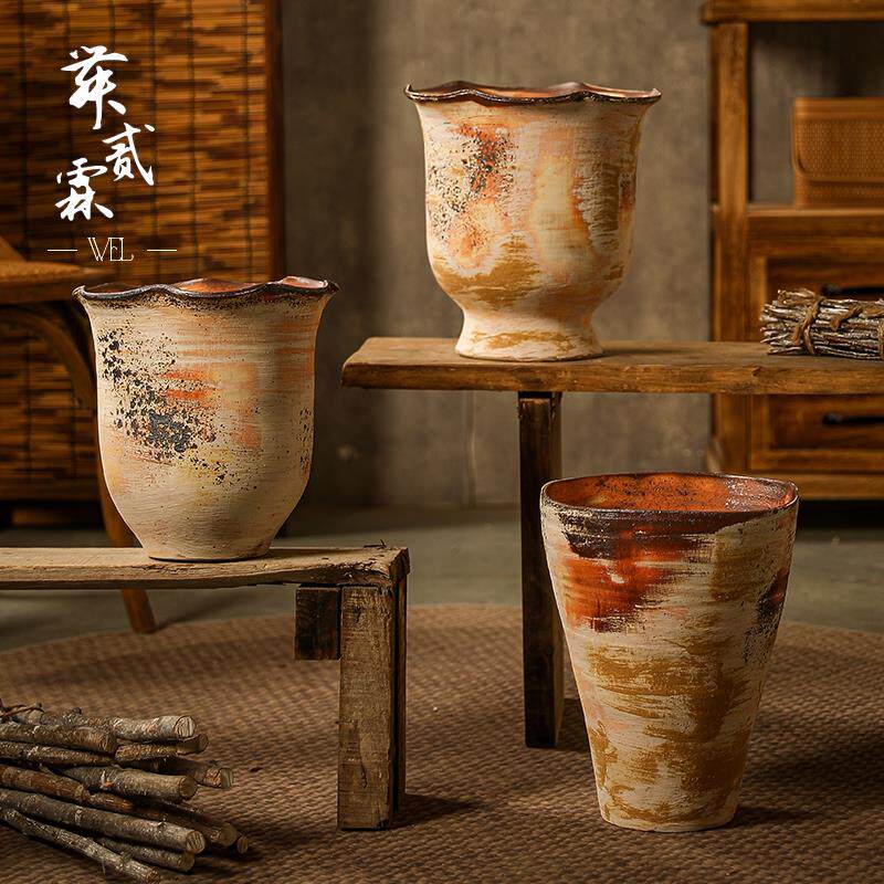 复古陶瓷花瓶景德镇手工做旧花器诧寂风高级感大口径柴烧花盆摆件