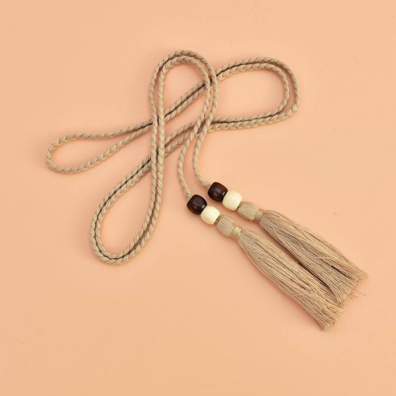 文艺范棉绳编织腰链配裙子女士长款打结腰带流苏装饰窄款腰链女