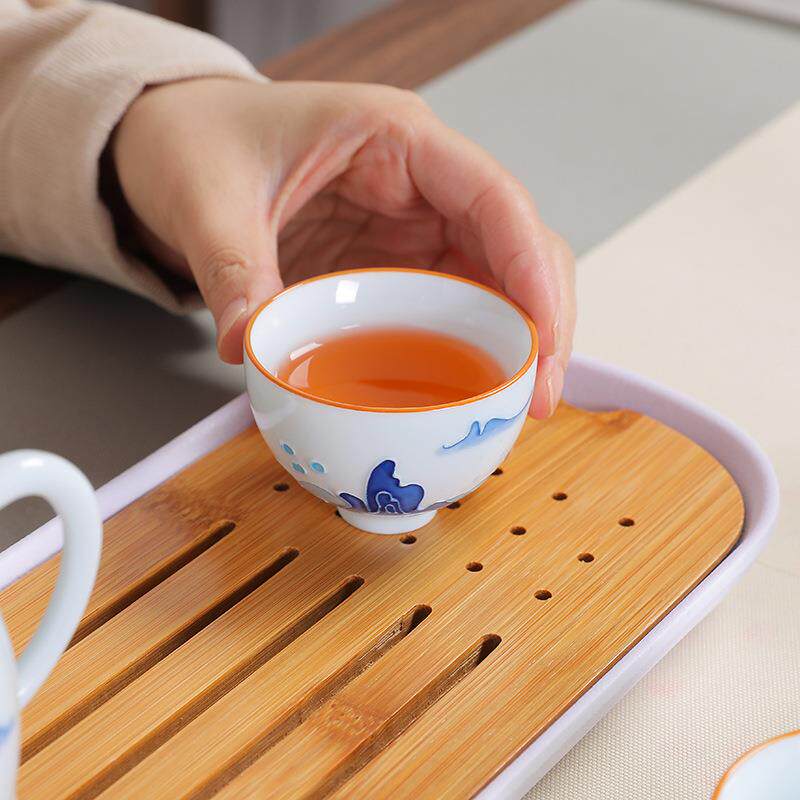 仿古手绘白瓷旅行梁茶具套装便携包带竹制盘茶提壶茶泡茶LXCJ8137