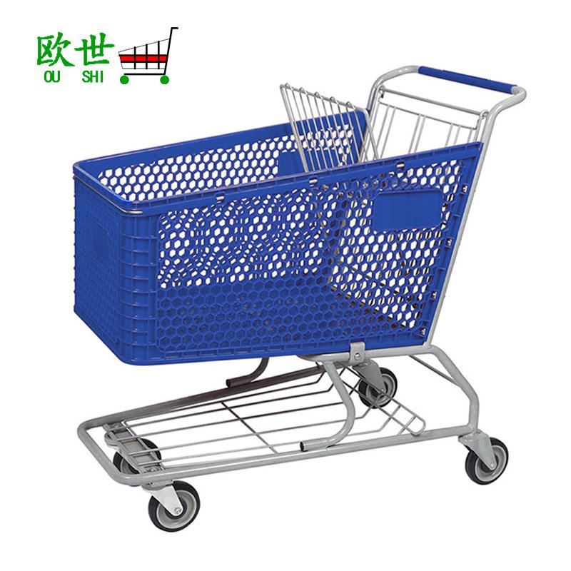 供应180L超市塑料购物车 新款塑料购物手推车 美式连体塑料手推车