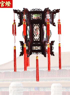 新款实古木六角宫灯白羊皮八仙仿龙QTH马灯走中式新年室内仿古灯