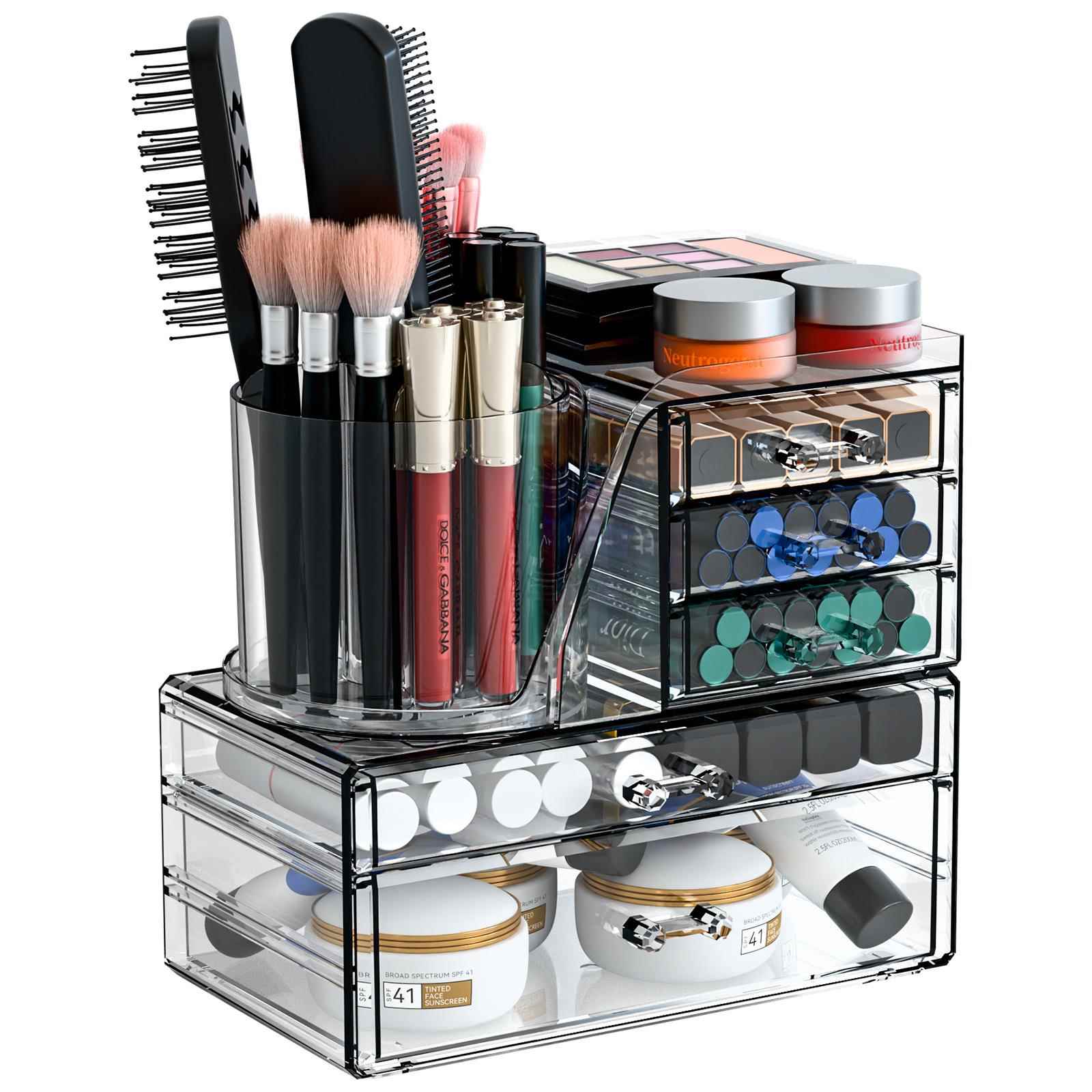 新品桌面化妆收纳盒可叠加抽屉式亚克力圆形旋转透明化妆品收纳盒