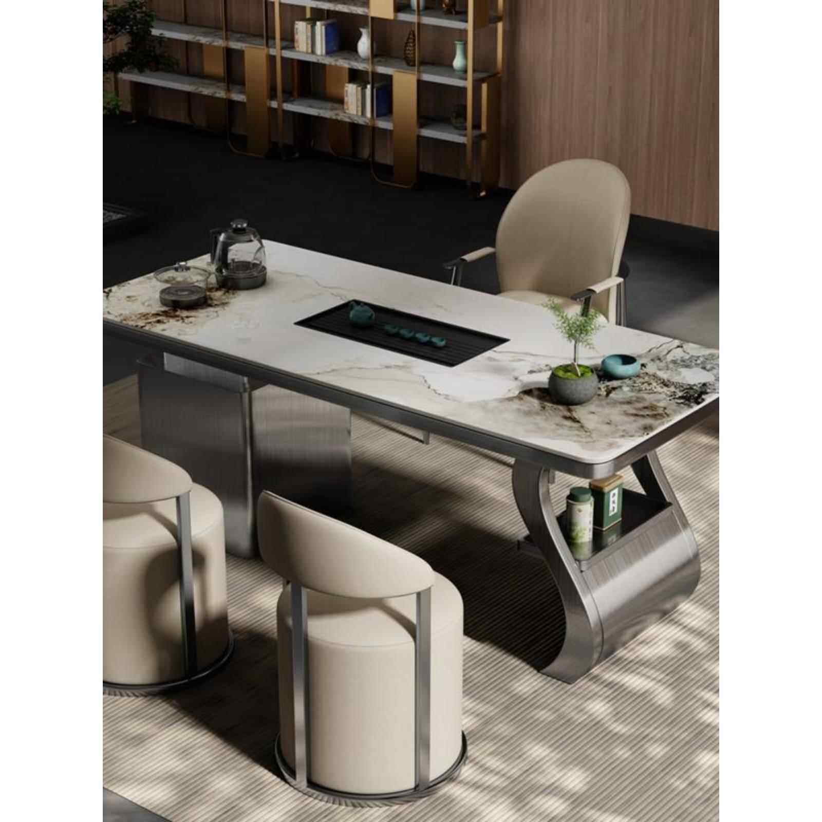 高端定制不锈钢茶桌茶台椅组合一体套装现代简约办公接待泡茶桌