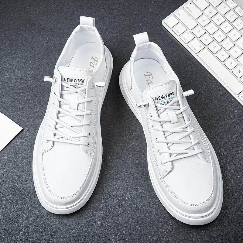 软牛皮小白鞋男四季新款运动免系鞋带白色板鞋时尚真皮休闲男鞋子