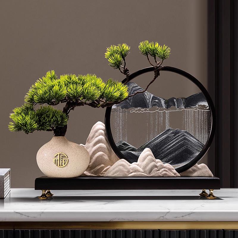 迎客松创意山水流沙画摆件沙漏新中式客厅玄关办公室高档装饰品