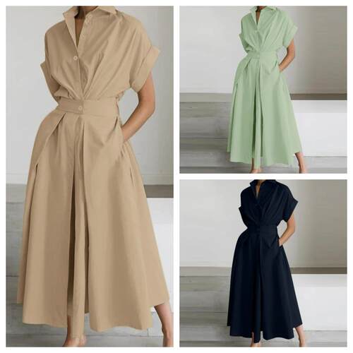Solid Color Collared Shirt Dress Casual Short Sleeve Dress