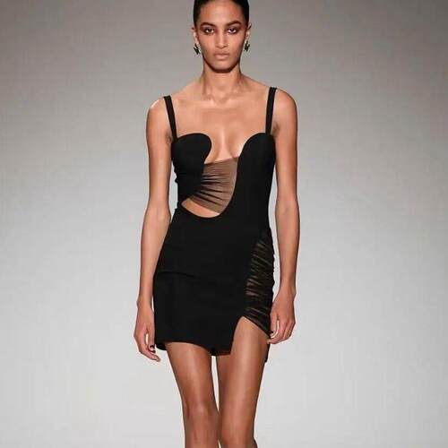 Female suspender black mesh hollow mini bandage dress