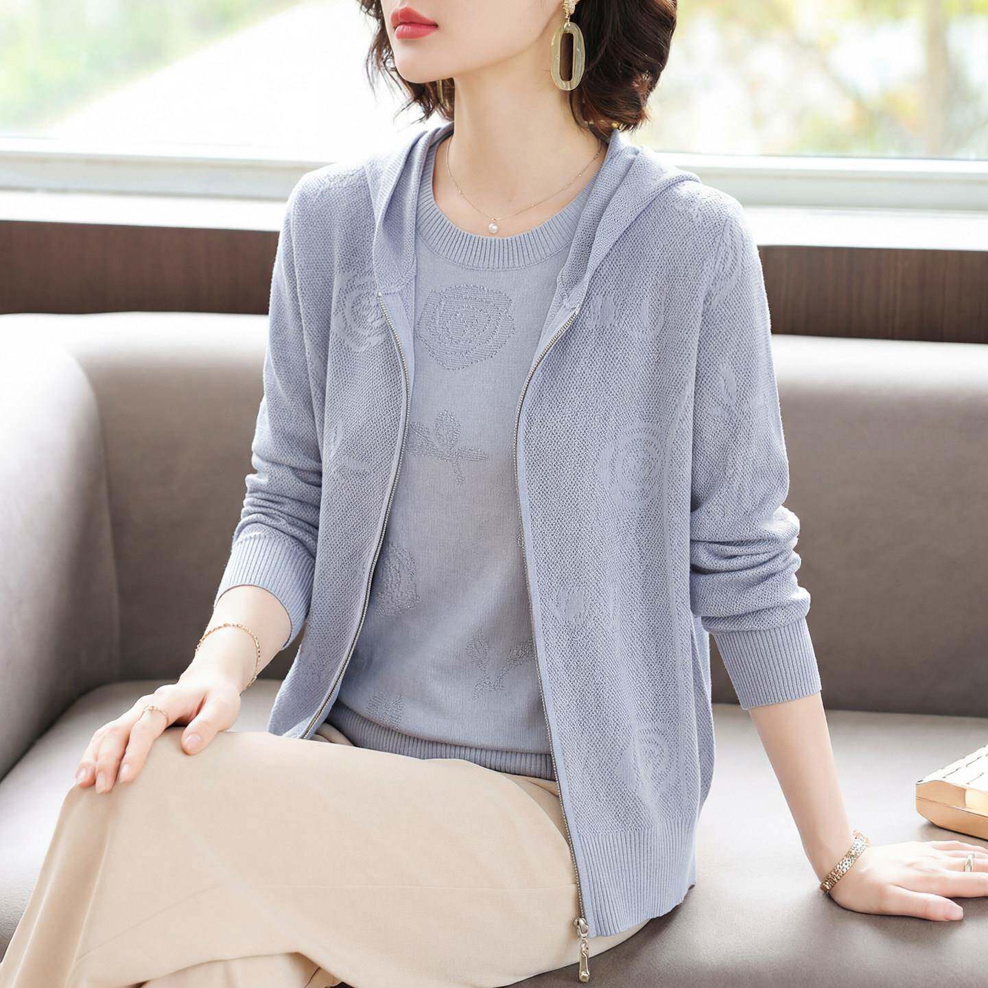 2026新款妈妈春装连帽薄款针织开衫中老年女装夏季短袖T恤两件套