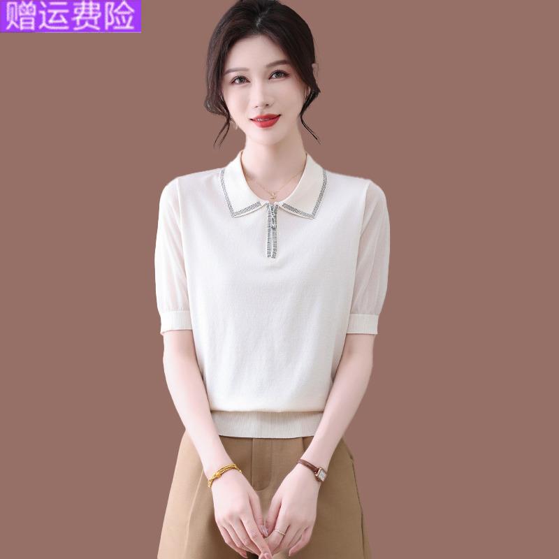 天丝短袖t恤女翻领夏装2025新款时尚减龄薄款娃娃领冰丝针织上衣