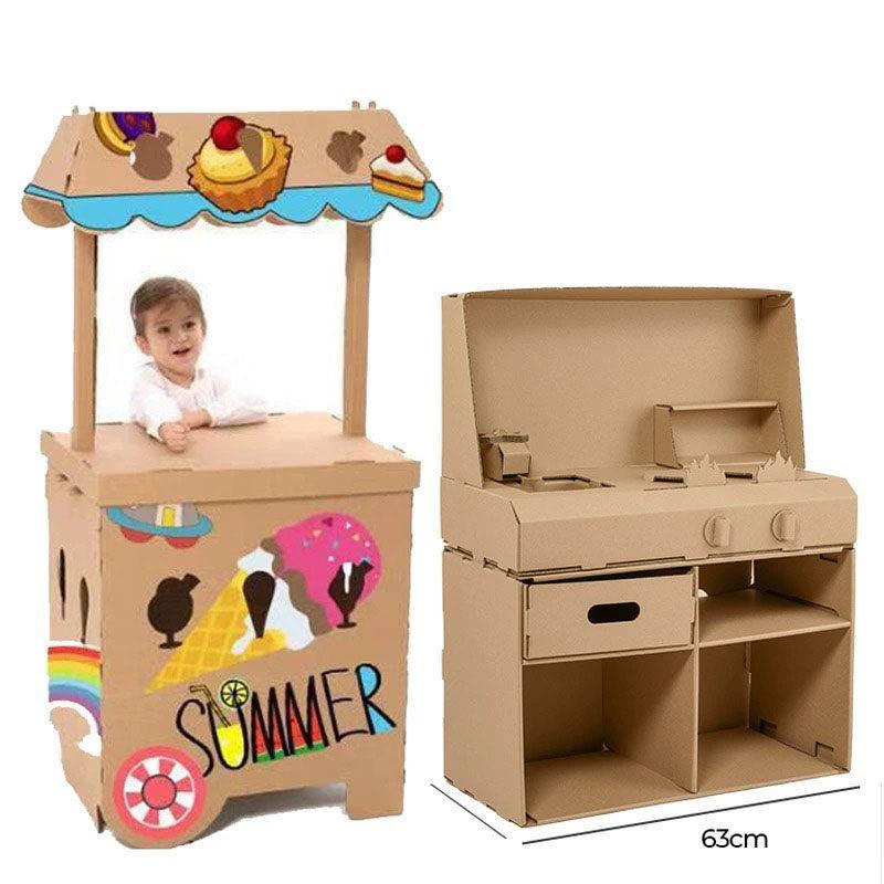 儿童过家家纸板壳手推冰淇淋餐车纸箱厨房玩具幼儿园涂色拼插模型