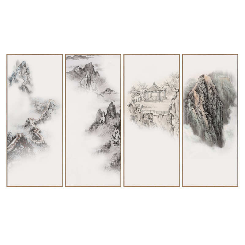 新中式客厅中堂装饰画沙发背景墙四联黑白山水茶室挂画水墨风景画