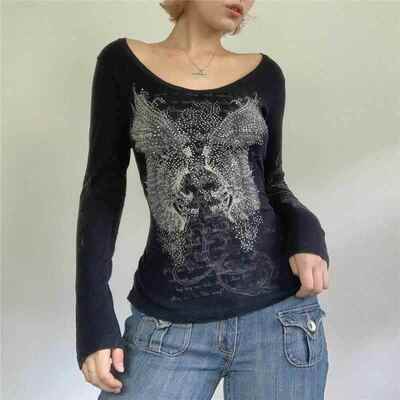 T Shirt Women Grunge Tops Rhinestone y2k Clothes Streetwear