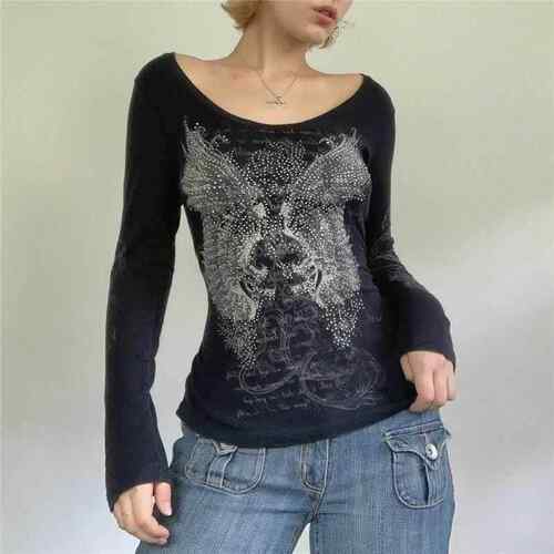 T Shirt Women Grunge Tops Rhinestone y2k Clothes Streetwear