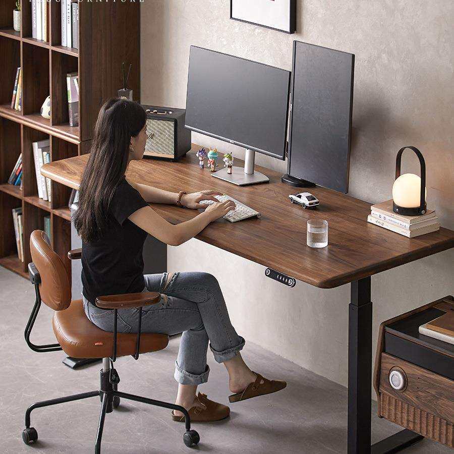 朴愫木作/实木电动升降书桌智能办公桌电脑桌黑胡桃工作台学习桌