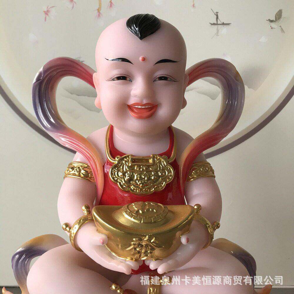 彩绘合成实心汉白玉招财童子神像家用客厅供奉招财童桌面摆件