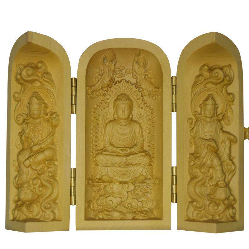 木质工艺礼品摆饰黄杨木雕刻三开 盒随身龛盒摆件实木手把件红木
