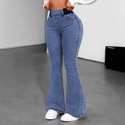 Jeans Womens Casual Flared Back Shirred Jeans, Mid-Rise