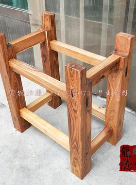 老石槽木架鱼缸花盆石磨牛槽木架子实木洗手盆底座老榆木定制摆件