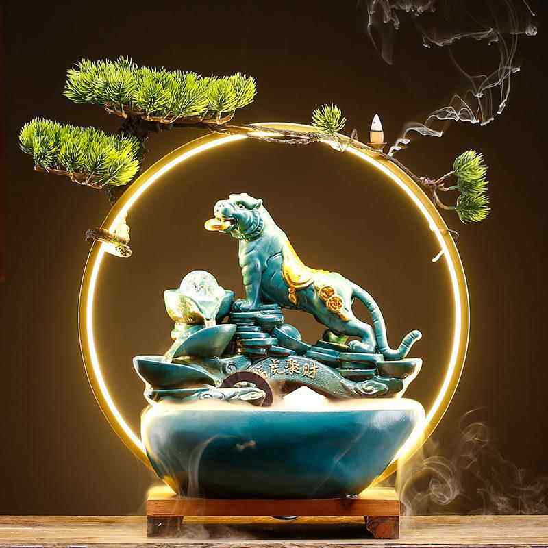 新中式虎年福虎招财陶瓷流水摆件水晶球转运高档家居开业乔迁礼品