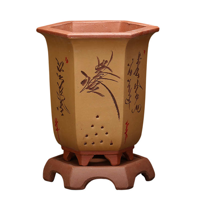紫砂花盆桌面六角刻绘盆景盆君子兰蕙春兰园艺花卉绿植带底座批发