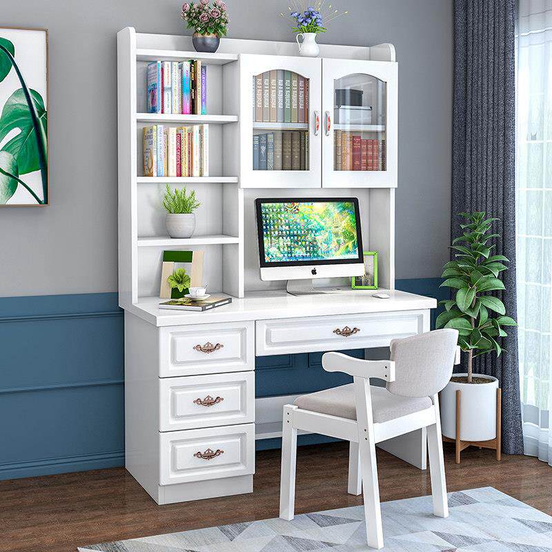 实木书桌书架一体桌电脑办公桌带书柜组合家用儿童学生白色学习桌