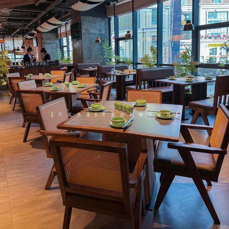 港式主6561题茶餐桌椅组合商餐椅烧烤店用咖厅啡厅日店料实木藤编