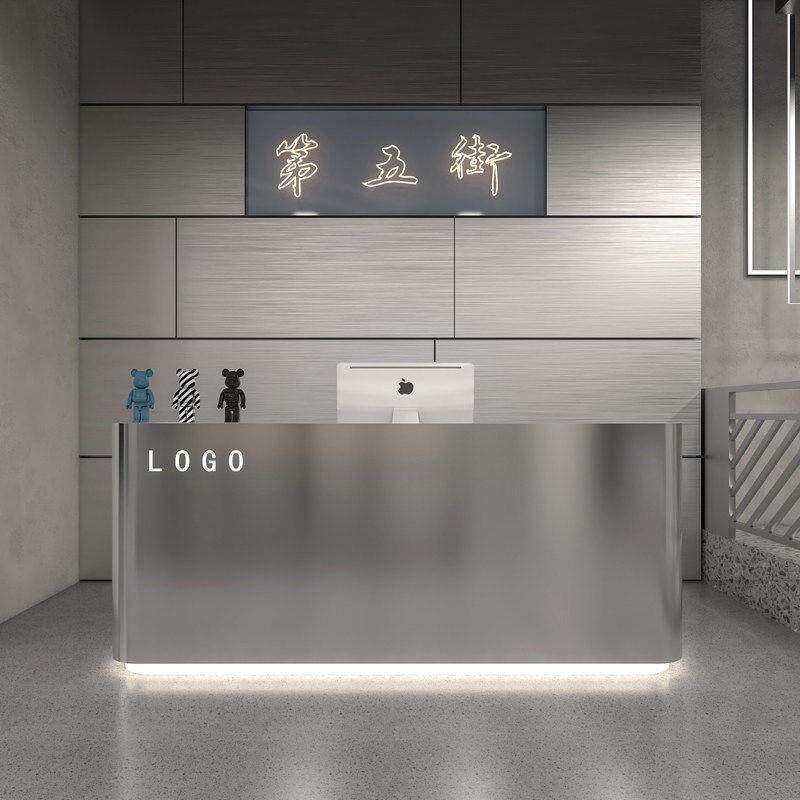 服装店简约现代不锈钢吧台收银台理发店美容院SPA馆轻奢弧形前台