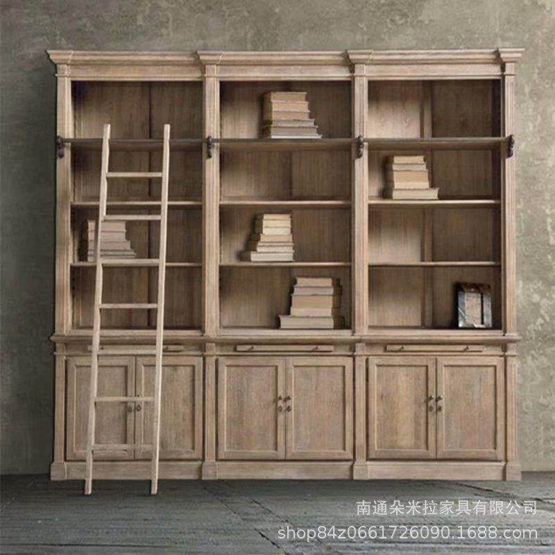 美式乡村实木书柜组合客厅展示柜复古做旧书橱书房家具