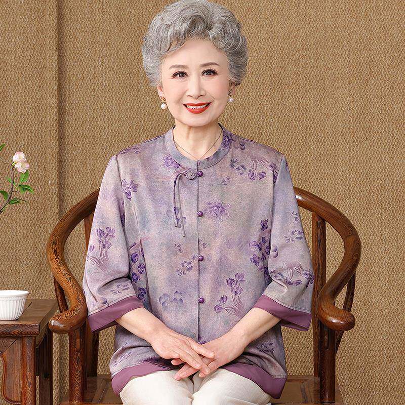 国风中老年人奶奶衬衫女圆领夏装桑蚕丝100%套装大码妈妈真丝上衣