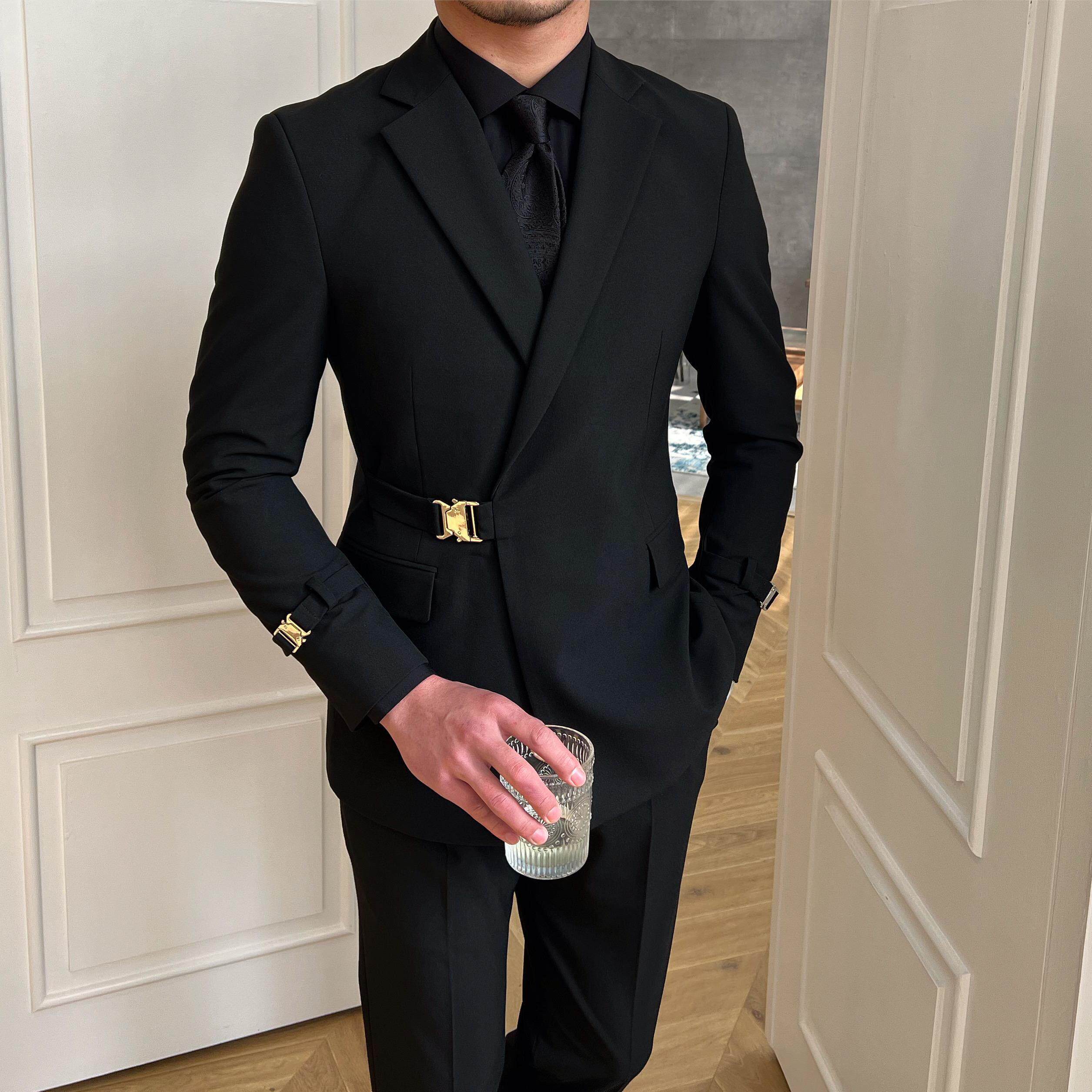 鹿三先生2025春季自制男士修身时尚黑色西服婚礼宴会西装个性潮流