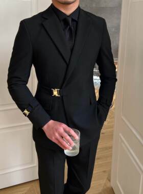鹿三先生2025春季自制男士修身时尚黑色西服婚礼宴会西装个性潮流