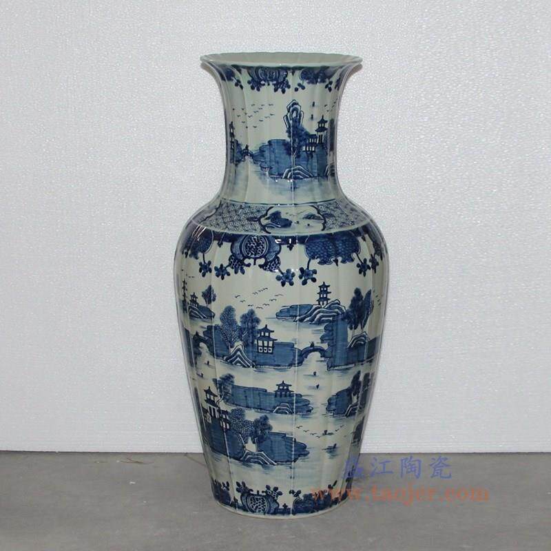 景德镇陶瓷青花山人物大赏水UUL瓶古董玩古仿古瓷器摆件装饰品