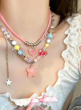 新款彩色糖果串珠项链女甜美少女