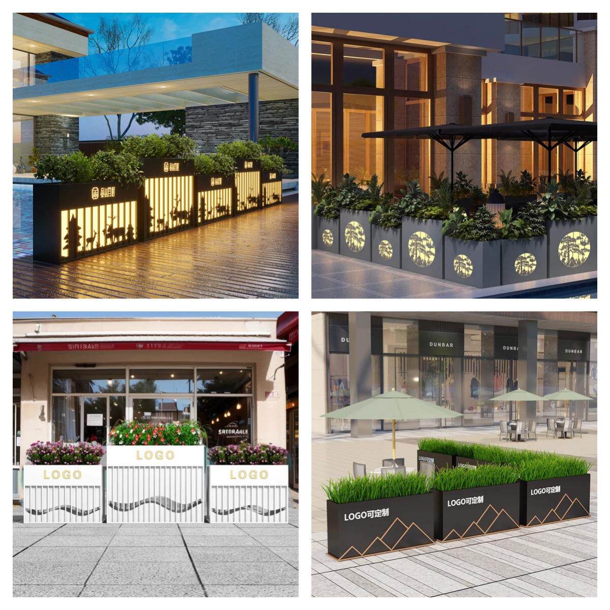 户外不锈钢发箱太阳能灯光组合铁艺花坛商业街围护栏隔断庭院花槽