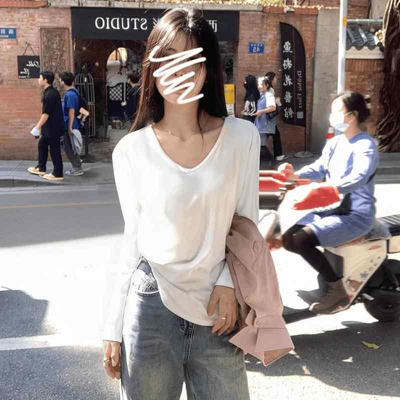 白色纯欲V领露锁骨长袖女秋冬慵懒宽松慵懒风T恤垂感打底上衣内搭
