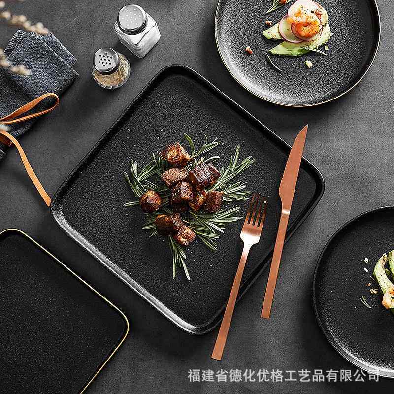 新款直销黑晶磨砂釉牛排盘子西餐刀叉套装家用日式创意牛扒盘平盘
