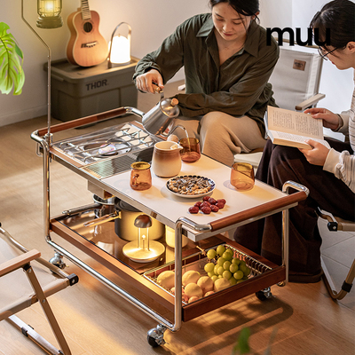 MUU复古实木茶几家用阳台围炉煮茶可移动茶水柜日式岩板茶桌边几