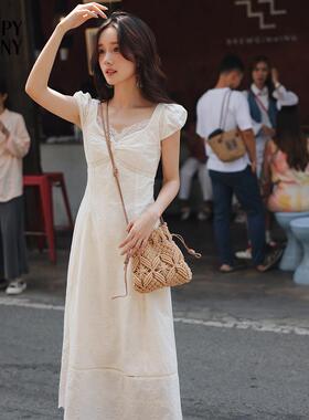 瞌睡兔 白色泡泡袖蕾丝洋装女夏小个子修身纯棉茶歇法式A字长裙