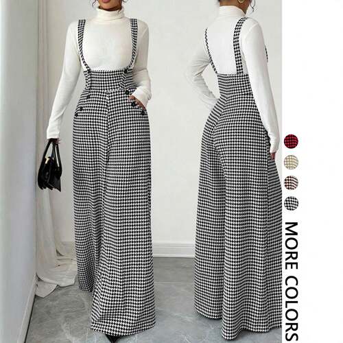 Women's Elegant Plaid Houndstooth Buckle Strap Pants