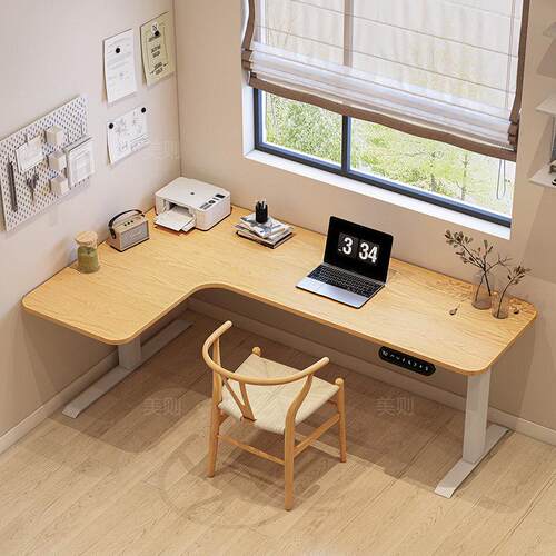 实木L型升降书桌靠墙弧形现代简约电脑桌 站姿办公桌双马达升降桌
